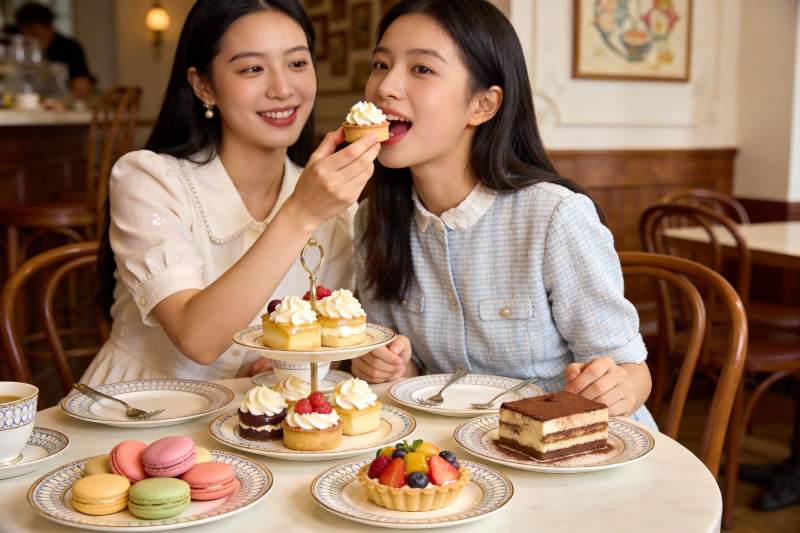 两位女士在咖啡馆享用甜点图片