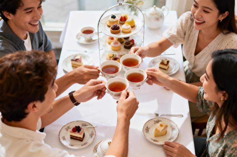 四人茶会欢聚举杯图片