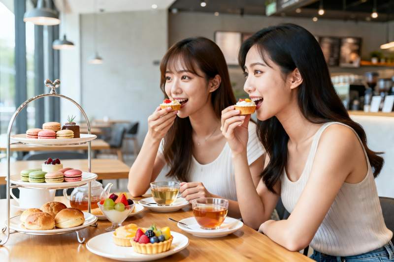 两位女士在咖啡馆享用甜点图片