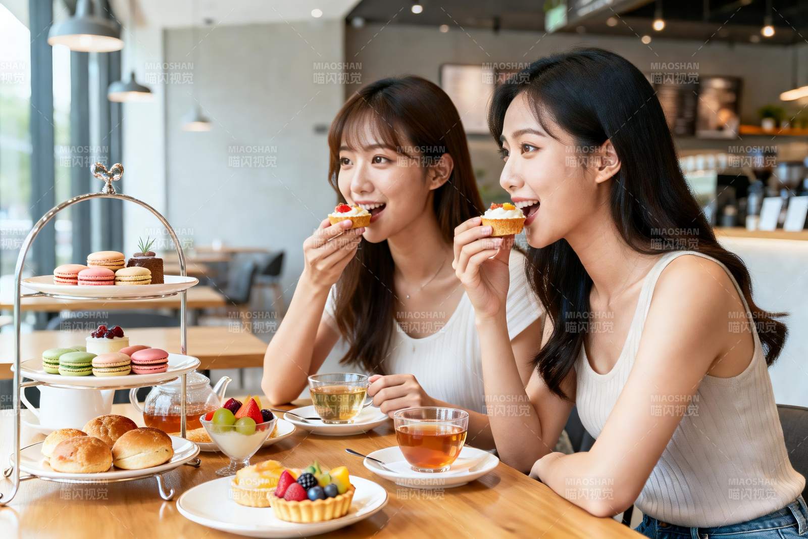 两位女士在咖啡馆享用甜点图片