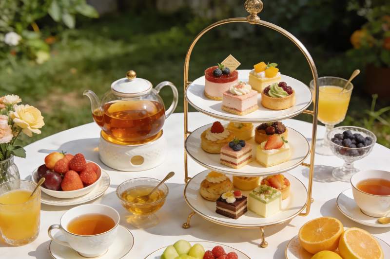 户外下午茶甜点与水果摆盘图片