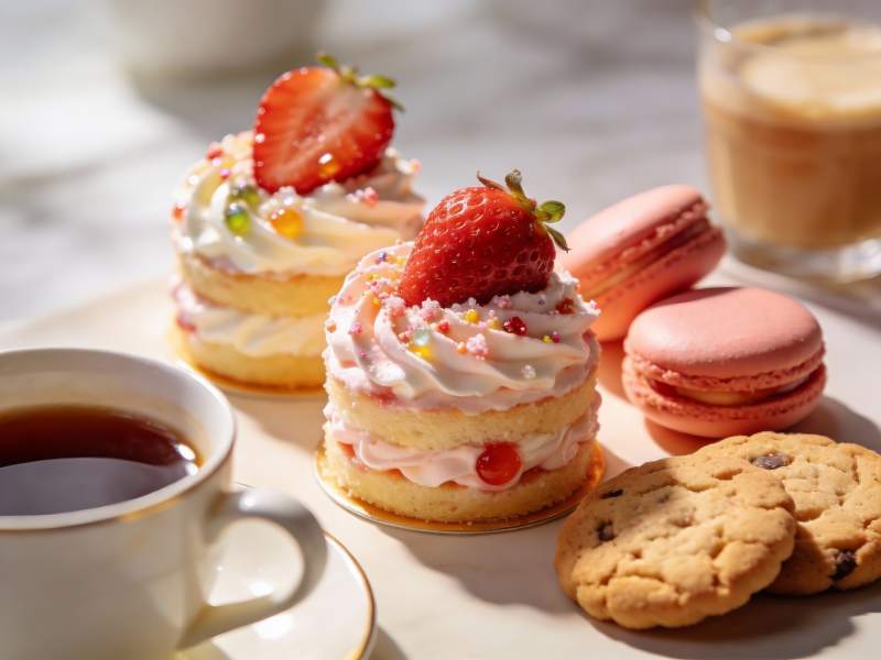 草莓甜点与咖啡茶饮图片