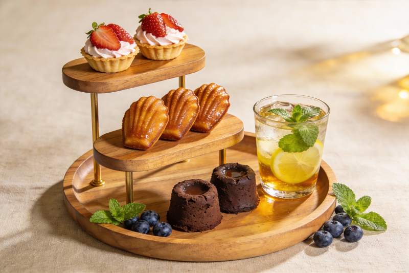 三层木质托盘甜点饮品图片