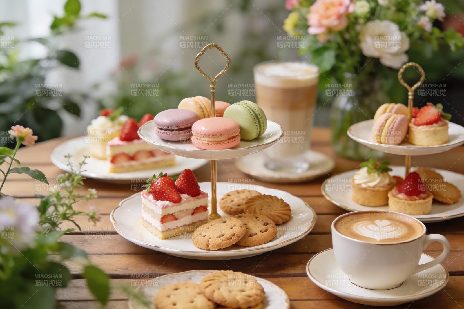 精致下午茶甜点与饮品图片