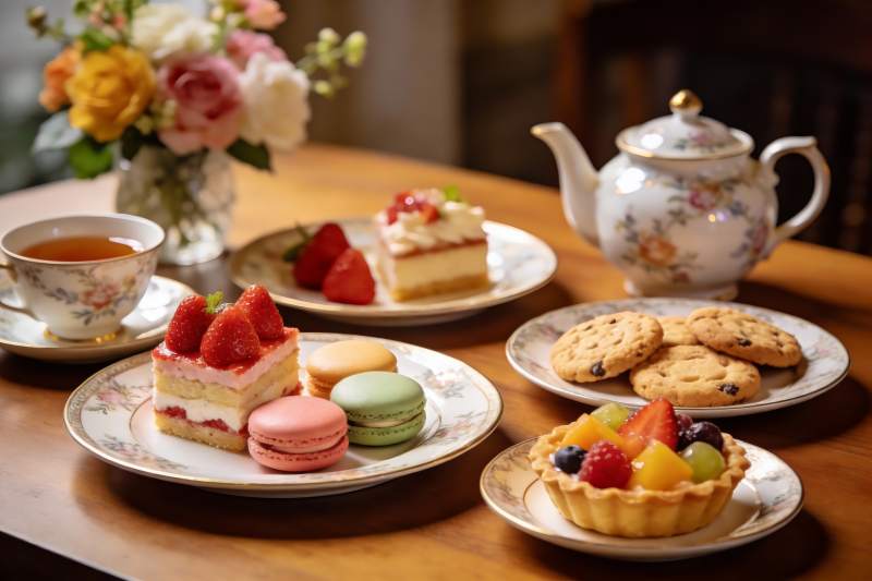 精致下午茶甜点与茶具摆盘图片