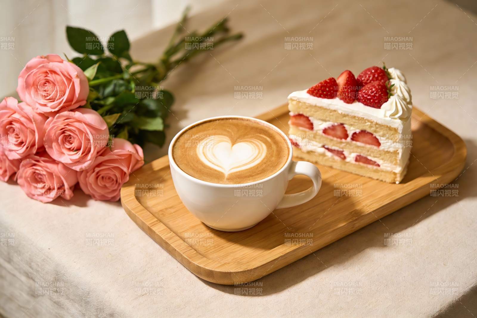 咖啡蛋糕与玫瑰花的温馨下午茶图片