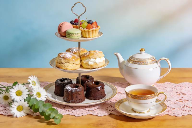 精致下午茶点心与茶具摆拍图片