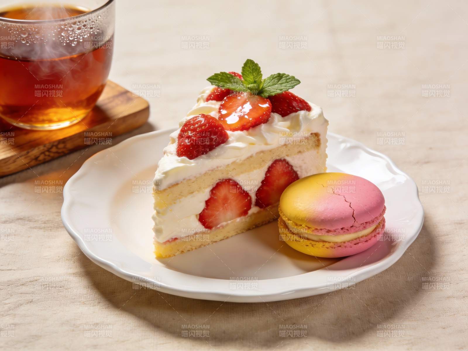 草莓蛋糕配马卡龙下午茶图片
