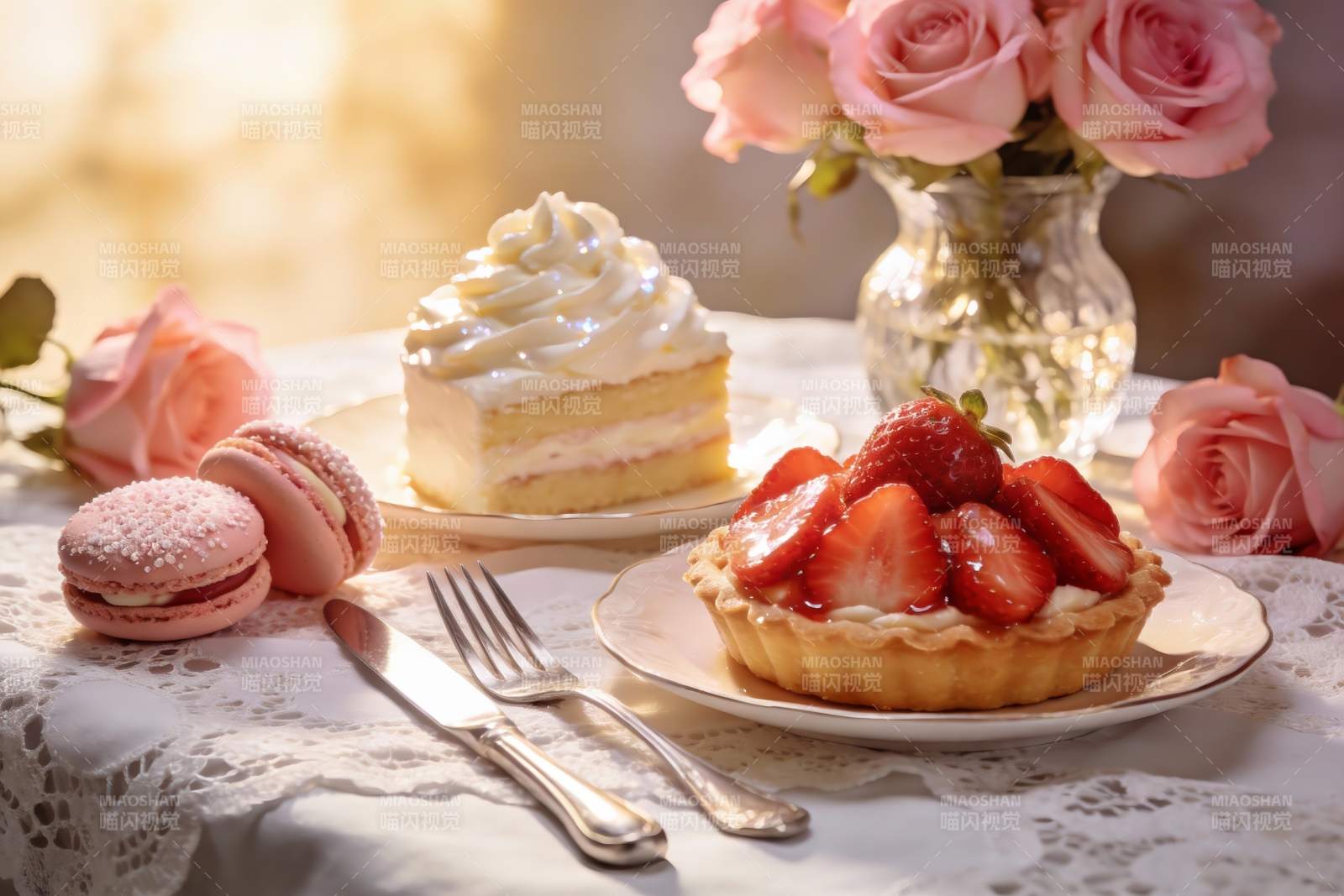 精致甜点与玫瑰花摆拍图片