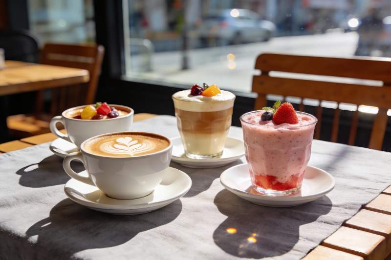 阳光下咖啡与甜品的惬意时光图片