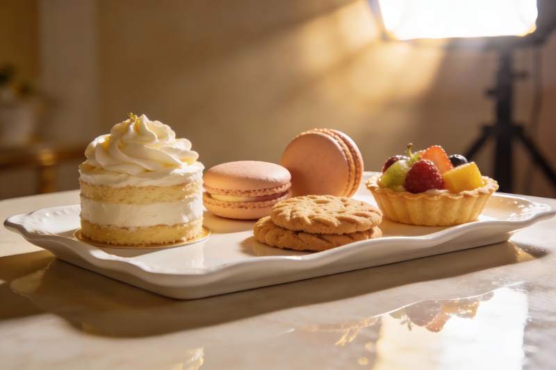 精致甜点摆盘光影效果图片