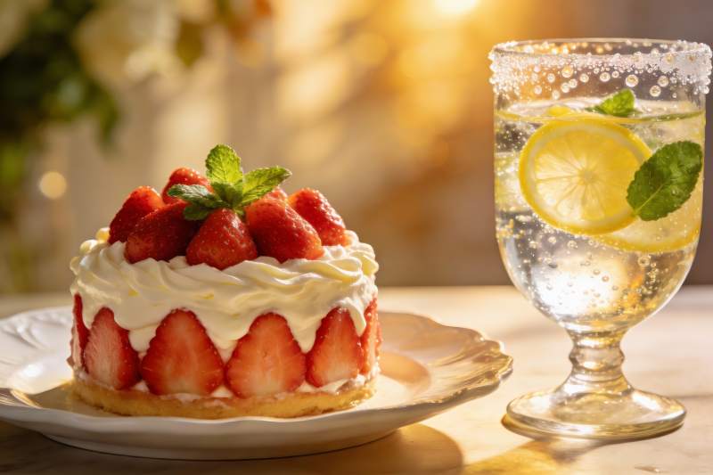 草莓蛋糕配柠檬气泡水图片