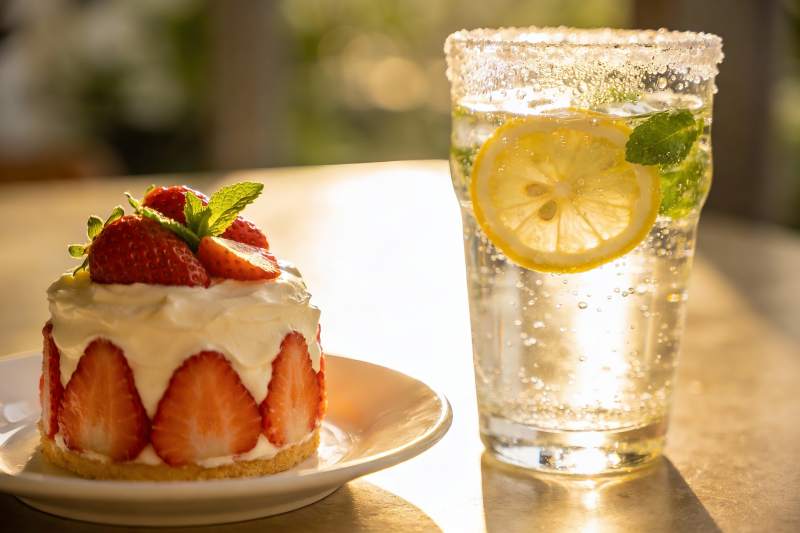 草莓甜点配柠檬饮品图片