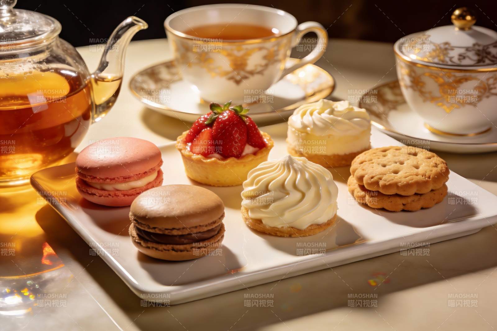 精致下午茶甜点与茶具图片