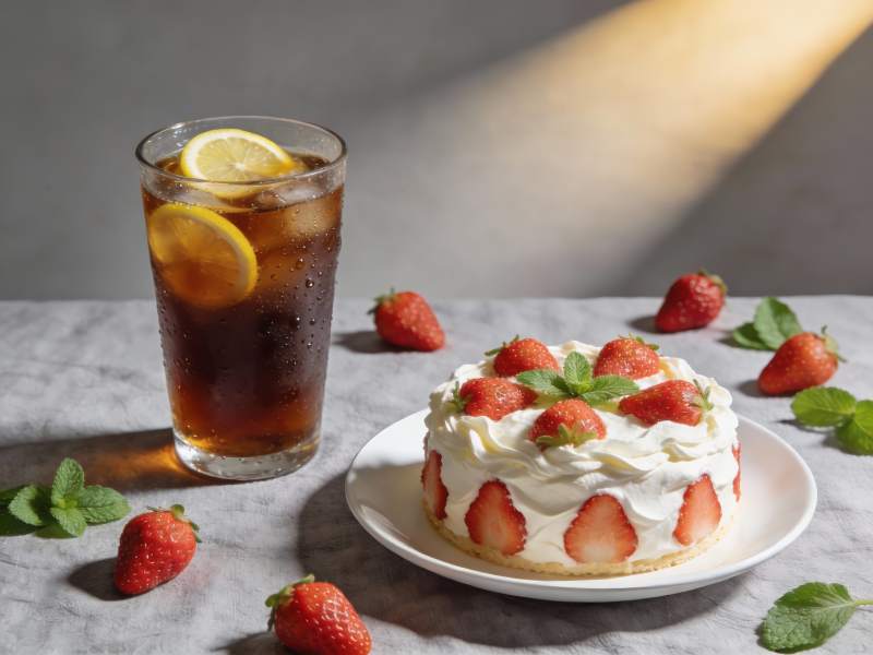 草莓蛋糕配柠檬冰茶图片