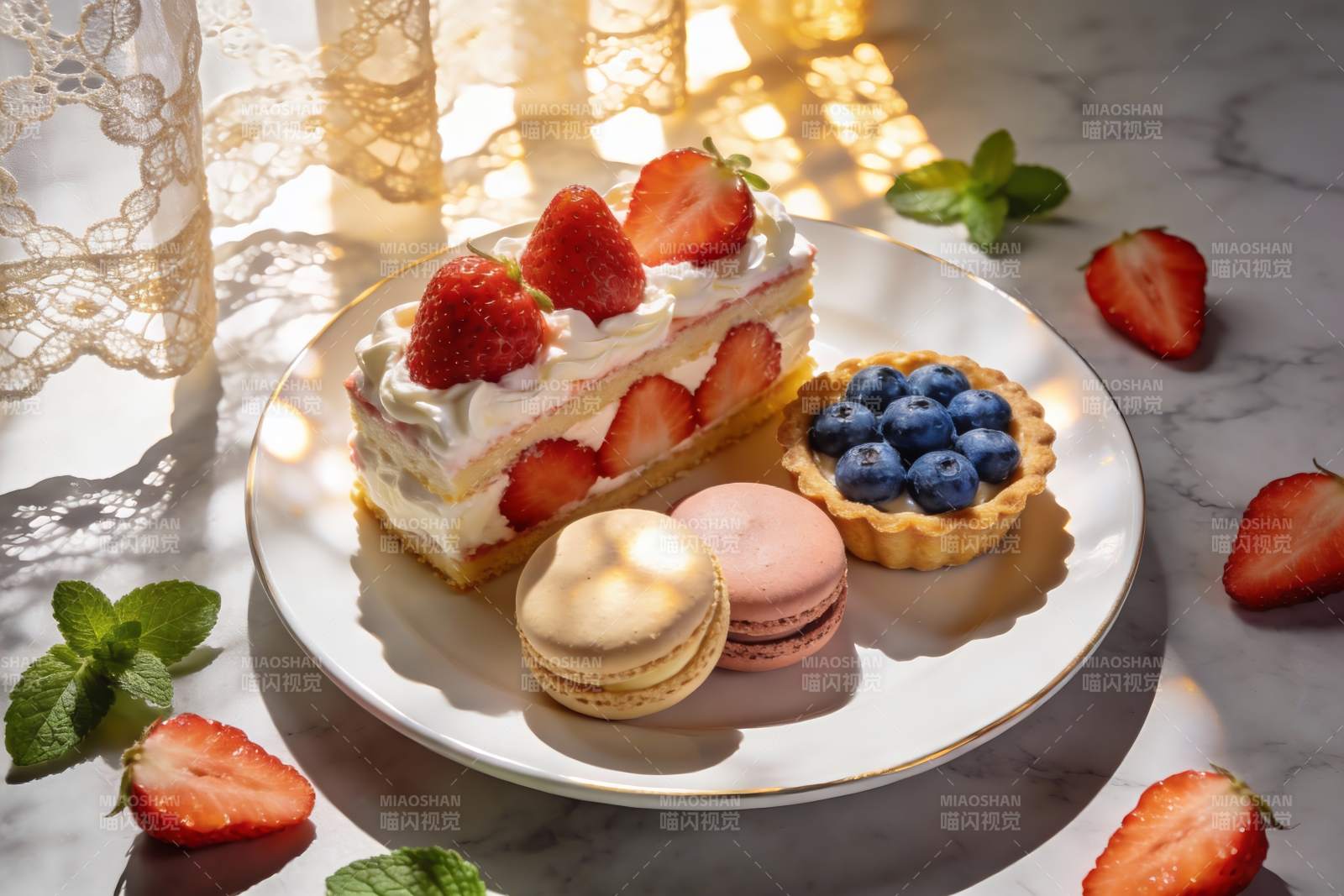 阳光下的草莓甜点拼盘图片