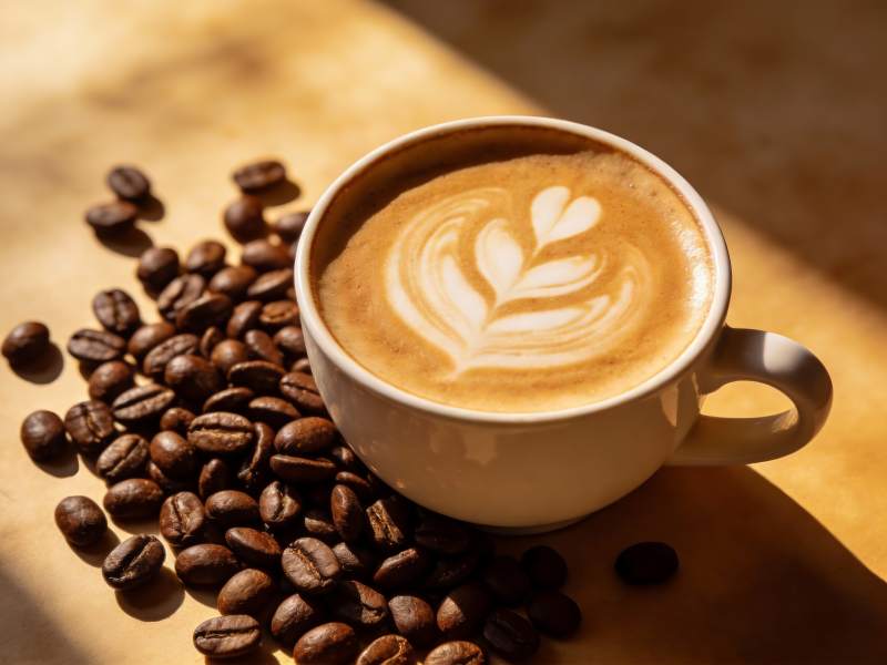 咖啡杯与咖啡豆的艺术摆拍图片