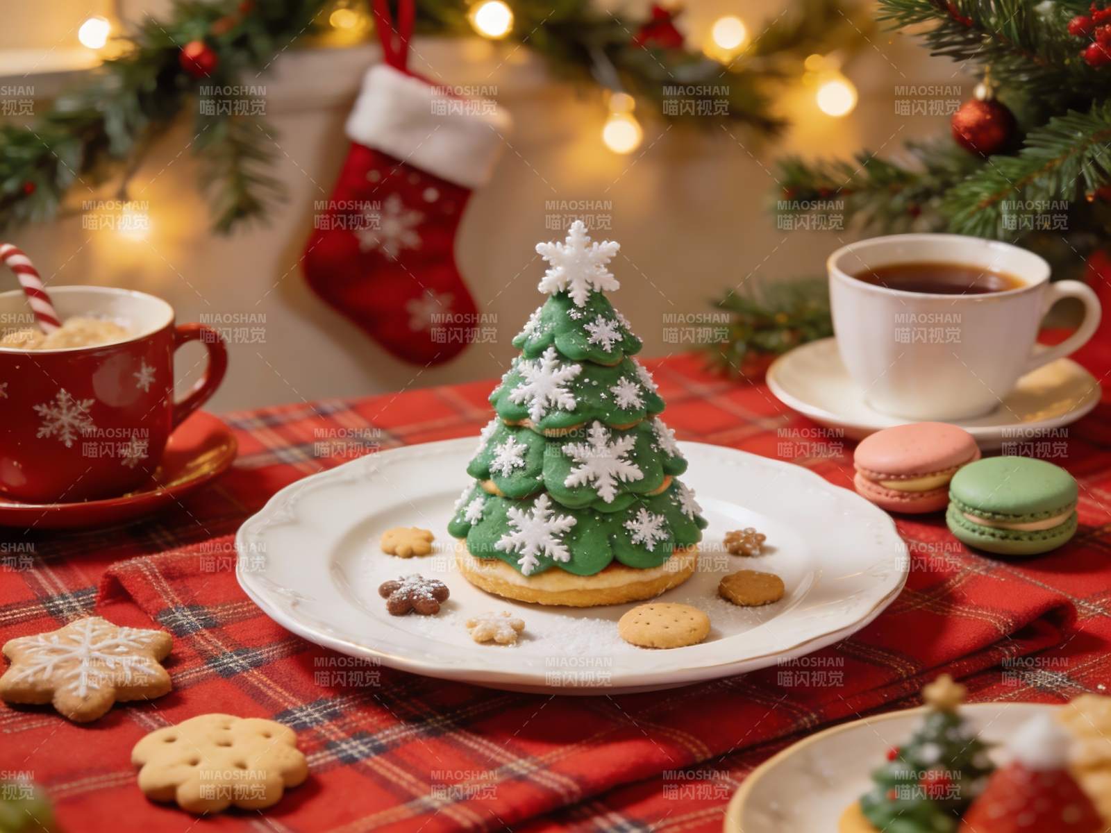 圣诞树饼干与节日饮品图片