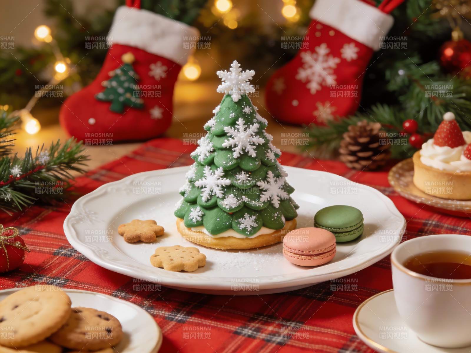 圣诞树造型甜点与节日装饰图片
