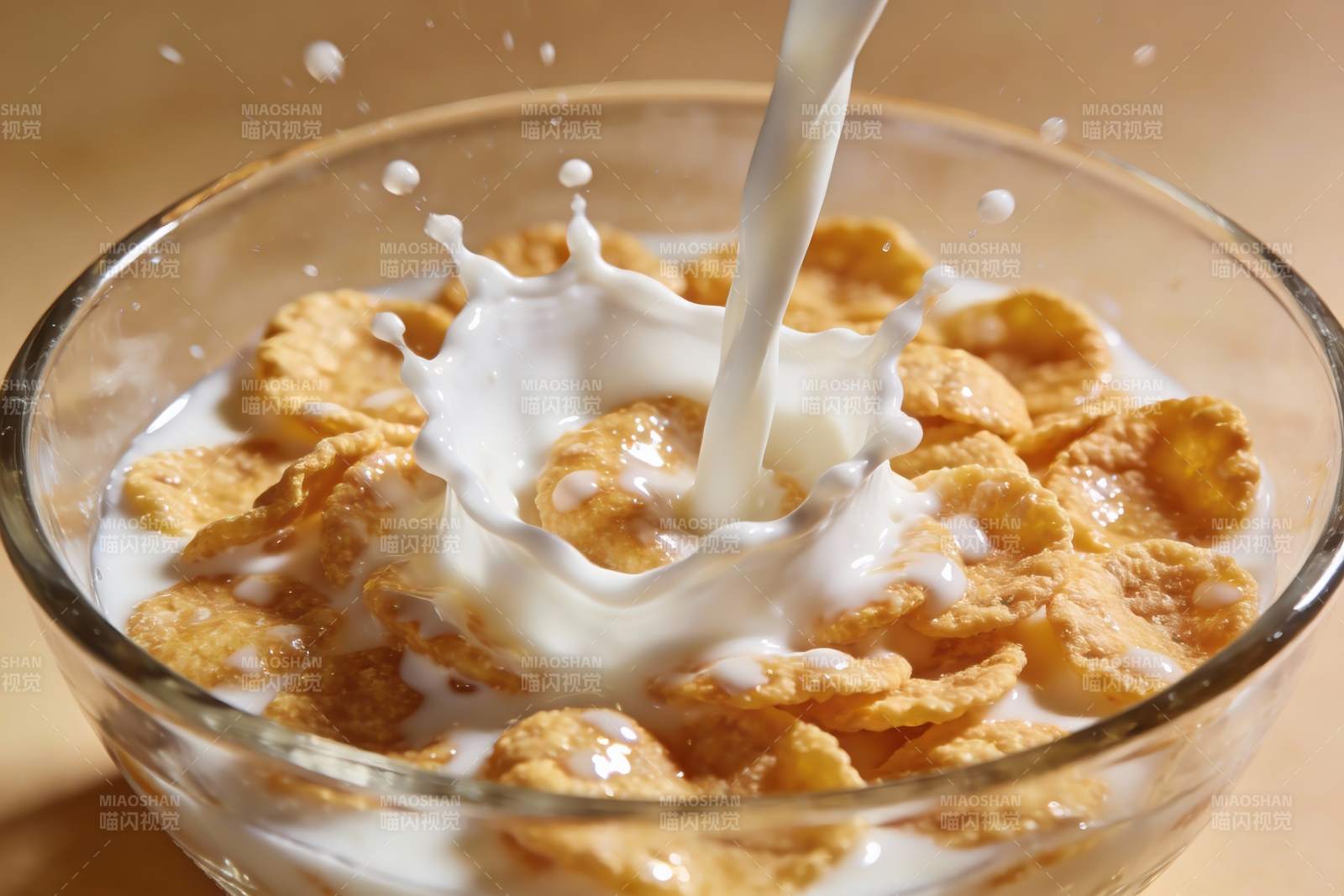 牛奶倒入麦片碗溅起水花图片