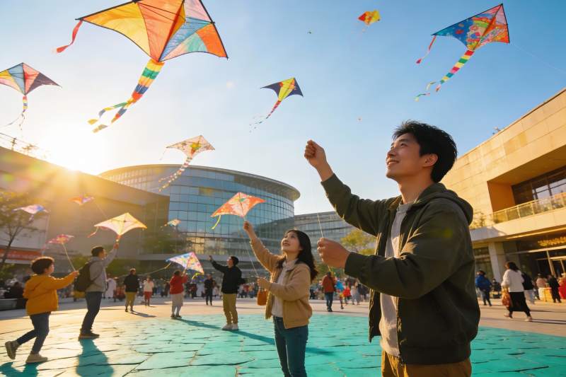 阳光下广场放风筝欢乐场景图片