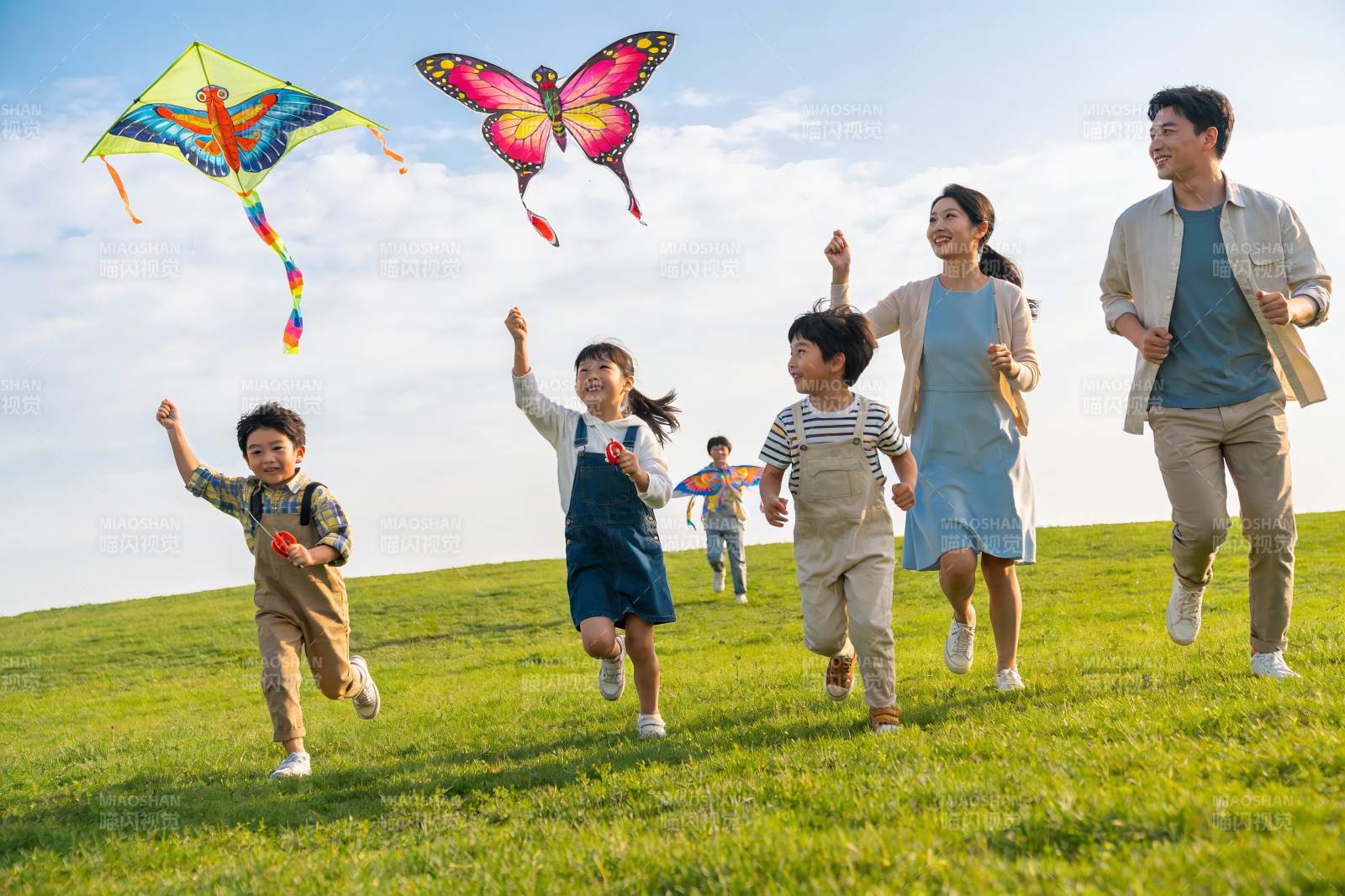 一家五口草地上放风筝图片