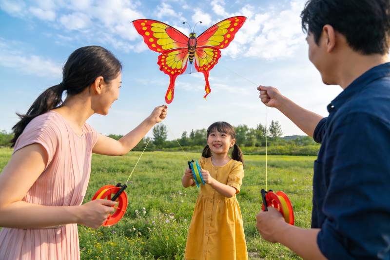 一家三口户外放飞蝴蝶风筝图片