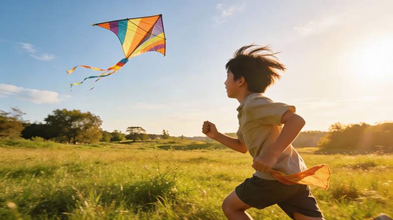 男孩田野放风筝图片