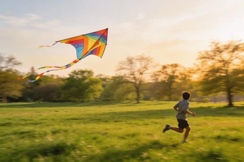 少年奔跑放飞彩色风筝图片