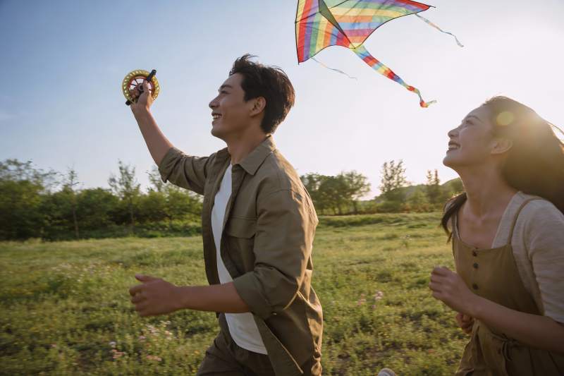 情侣草地上放风筝图片