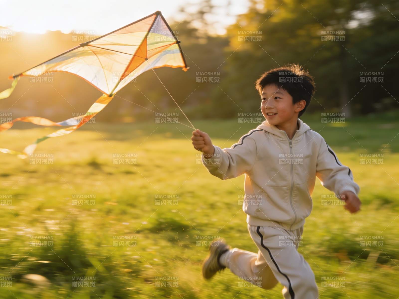 小男孩草地上放风筝图片