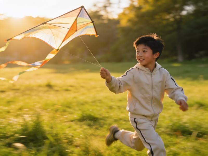 小男孩草地上放风筝图片