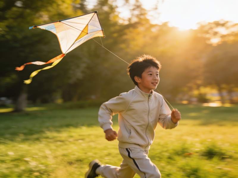 小男孩草地上放风筝图片