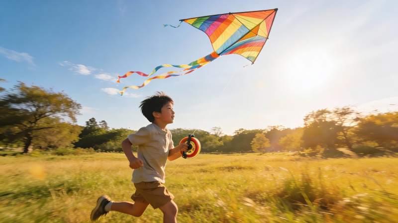小男孩草地上放风筝图片