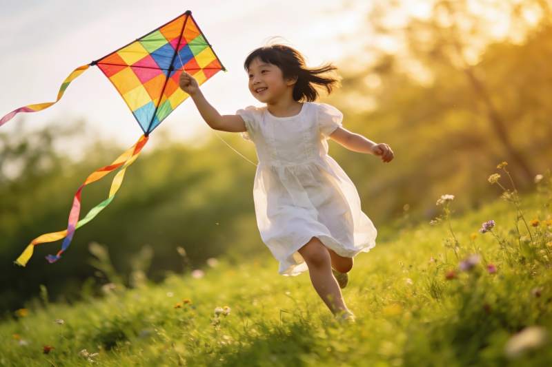 小女孩草地上放风筝图片