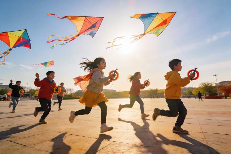 孩子们放风筝欢乐奔跑图片