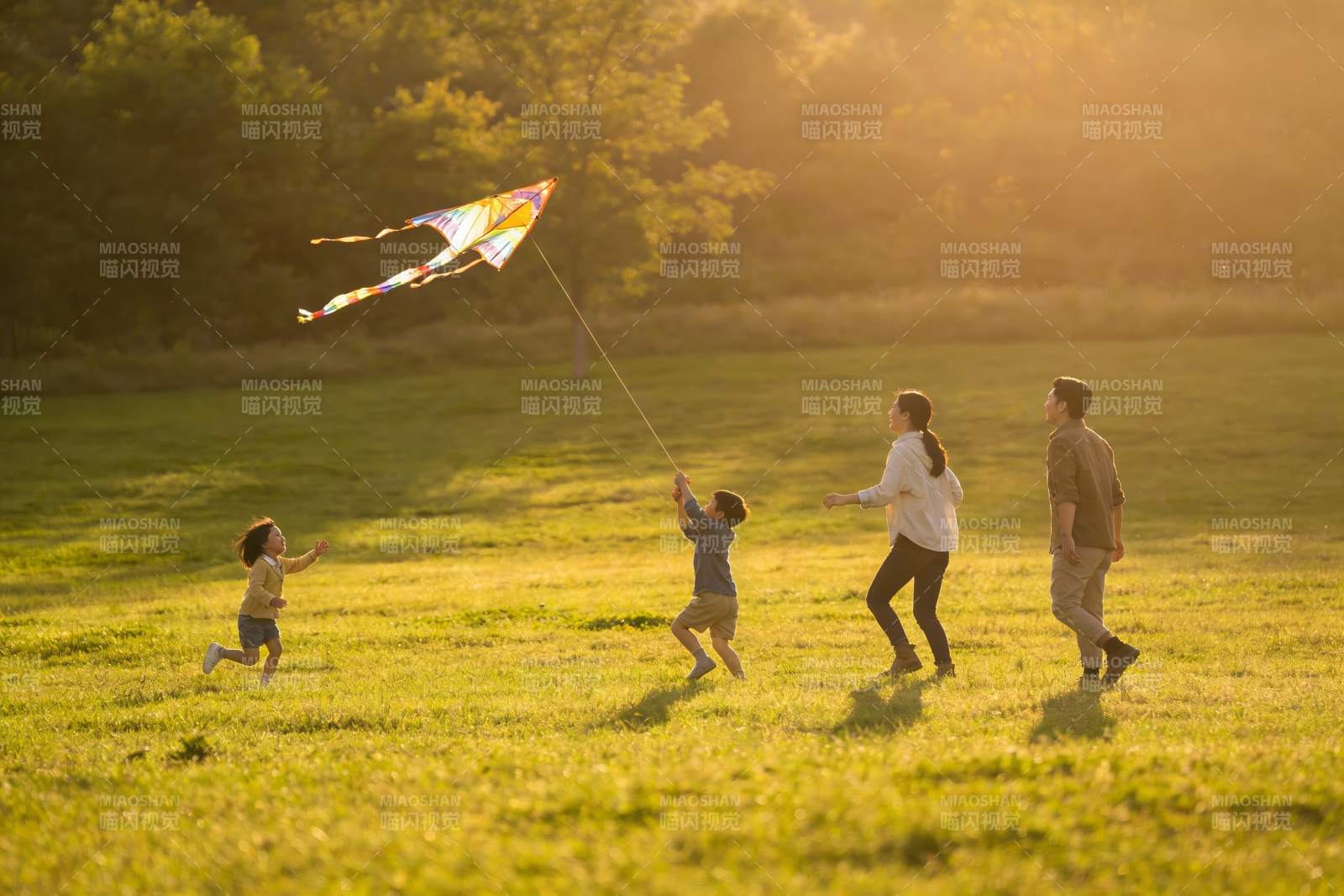 一家四口草地上放风筝图片