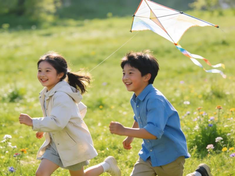 儿童草地上放风筝欢乐奔跑图片