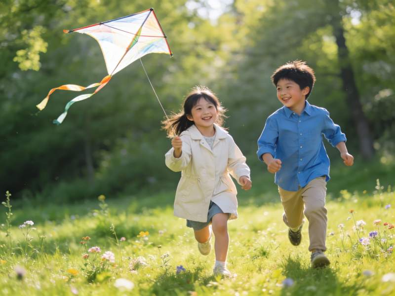 儿童草地上放风筝欢乐奔跑图片