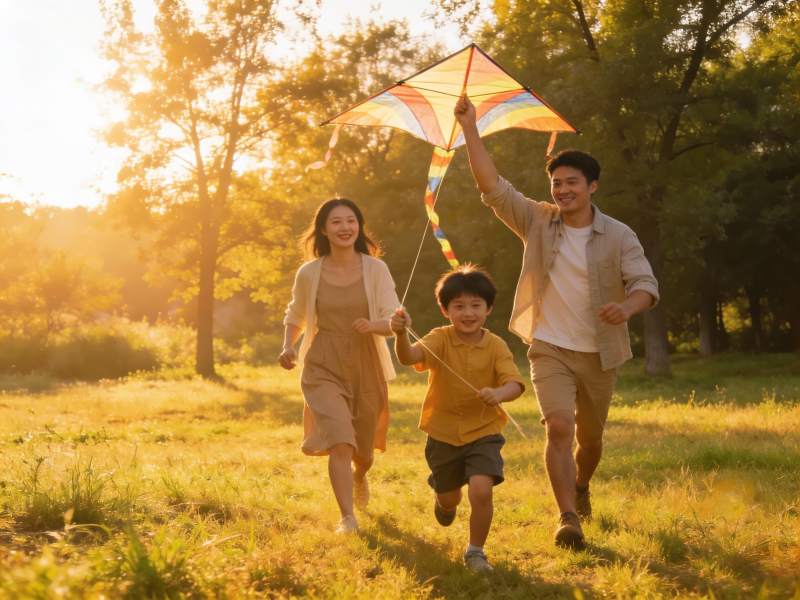 一家三口户外放风筝欢乐奔跑图片