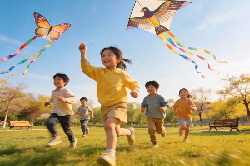 儿童公园放风筝欢乐奔跑图片