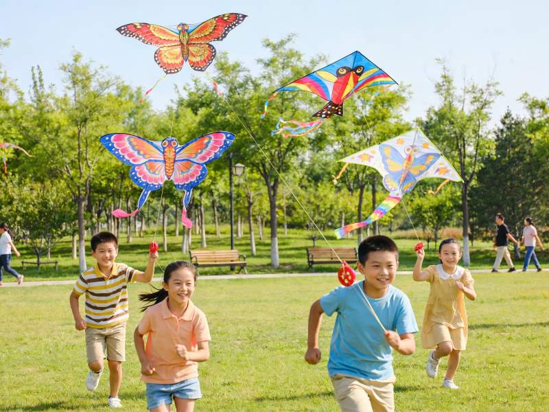 孩子们公园放风筝欢乐奔跑图片