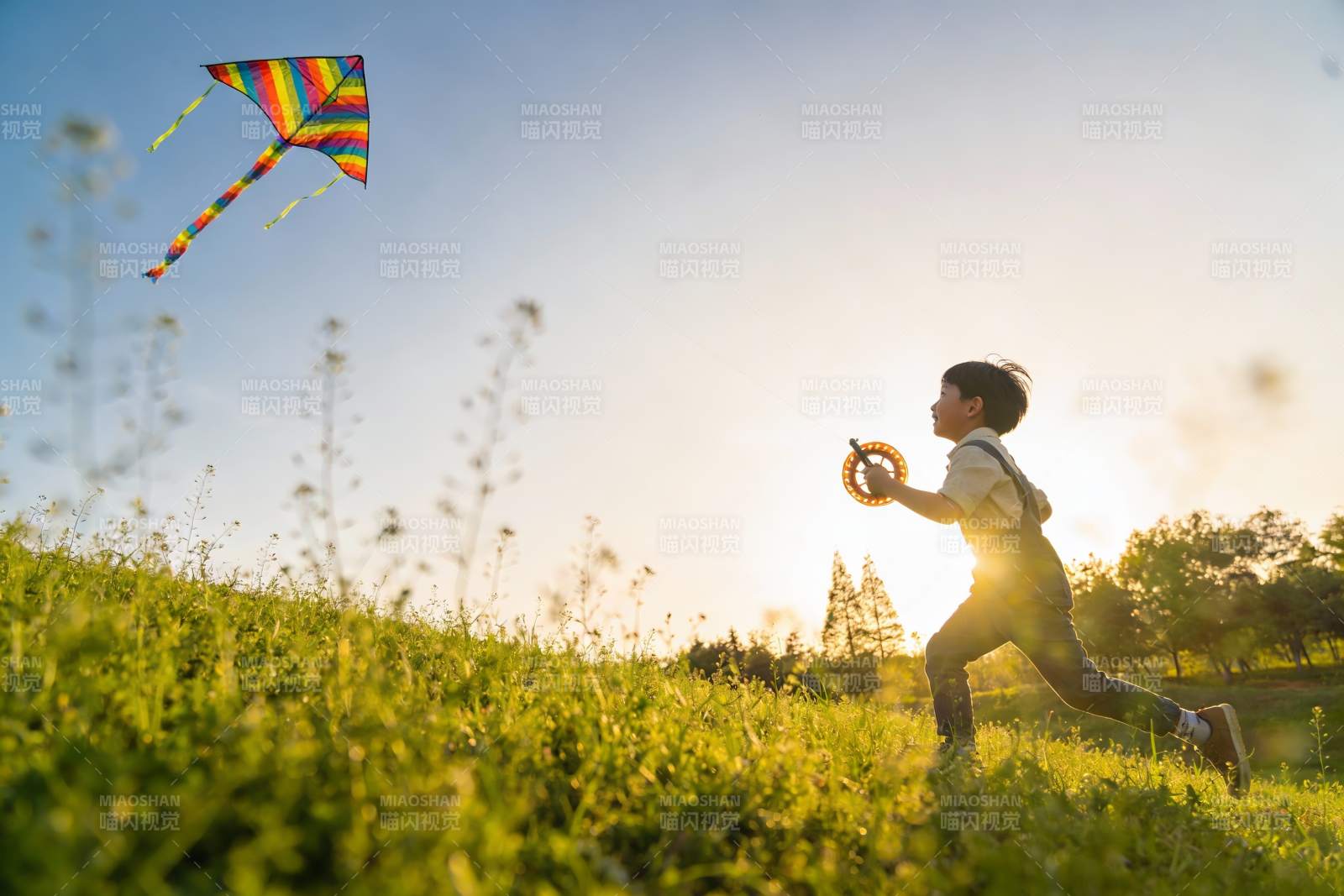 孩童草地上放风筝图片