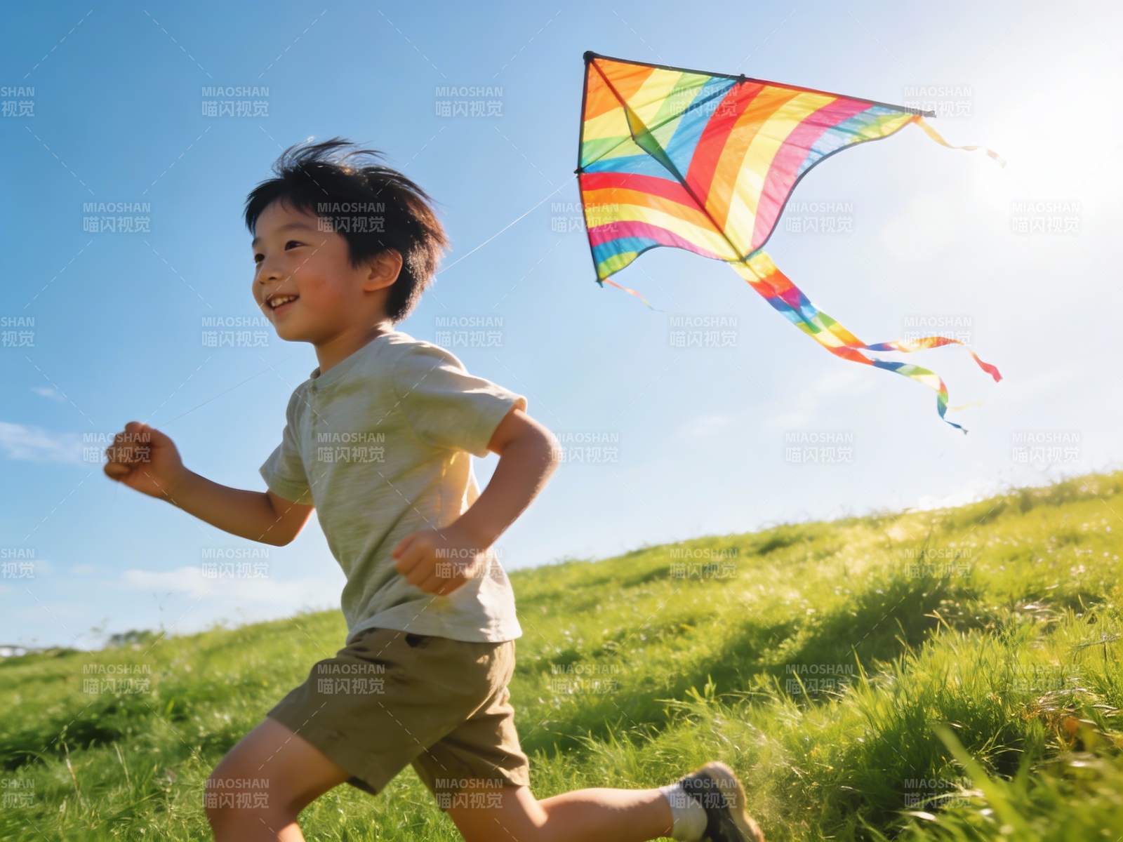 小男孩草地上放风筝图片