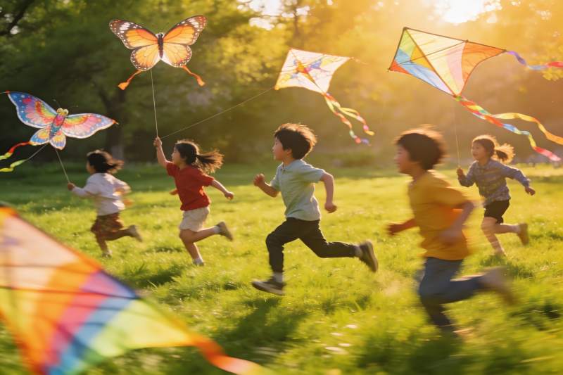 孩子们户外放风筝欢乐奔跑图片