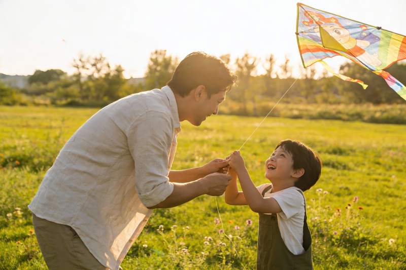 父子草地上放风筝其乐融融图片