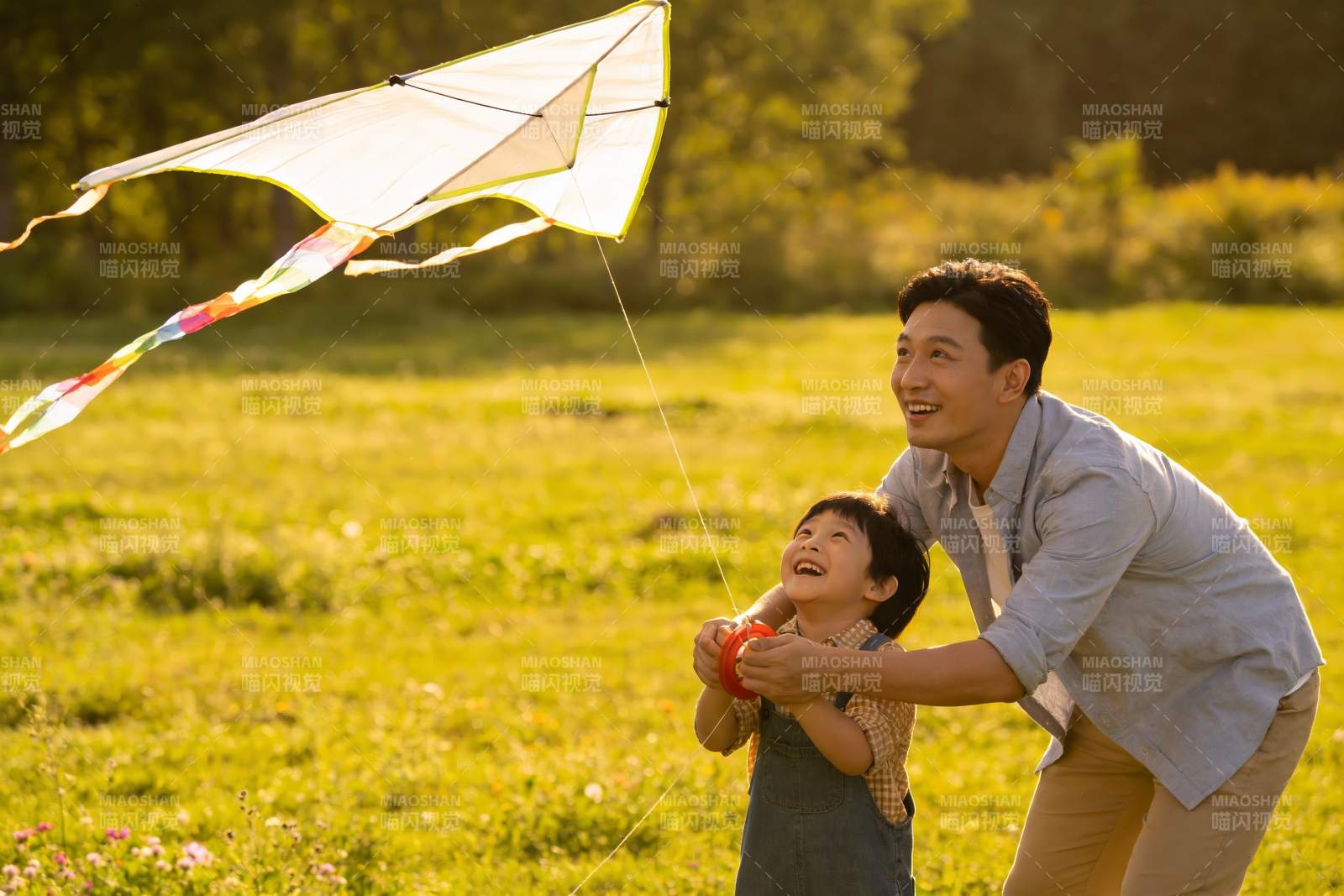 父子草地上放风筝欢乐时光图片