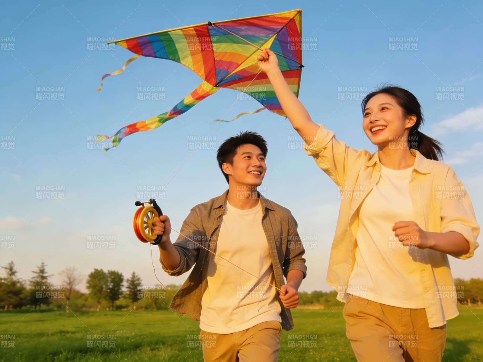 情侣户外放风筝欢乐场景图片