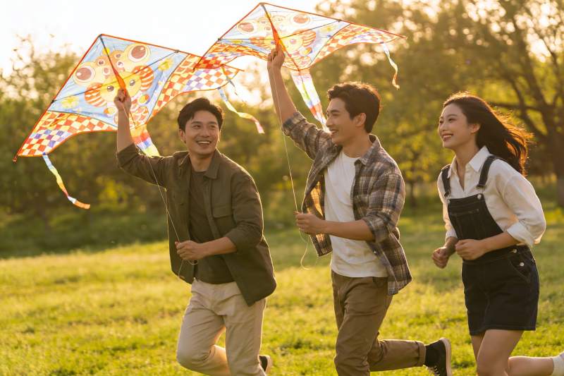 三人在公园放风筝图片