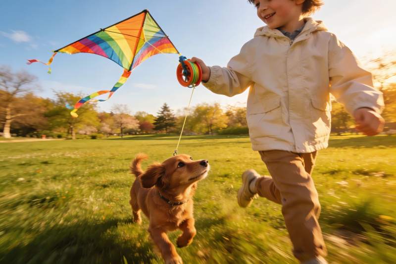 小男孩公园放风筝与小狗奔跑图片